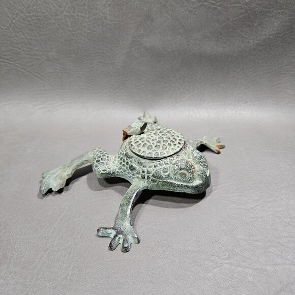 Vintage Metal Teal Frog Figurine With Candle Stand Trinket Box Desk Decor Home - Picture 1 of 7